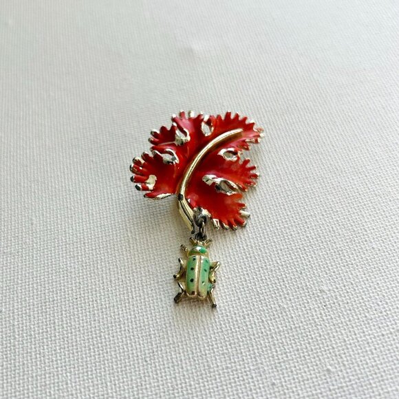 Jewelry - Vintage Red Leaf Green Beetle Charm Brooch Pin